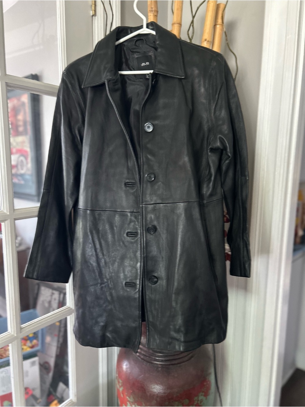 JLC  New York Black Leather Button-Front Coat